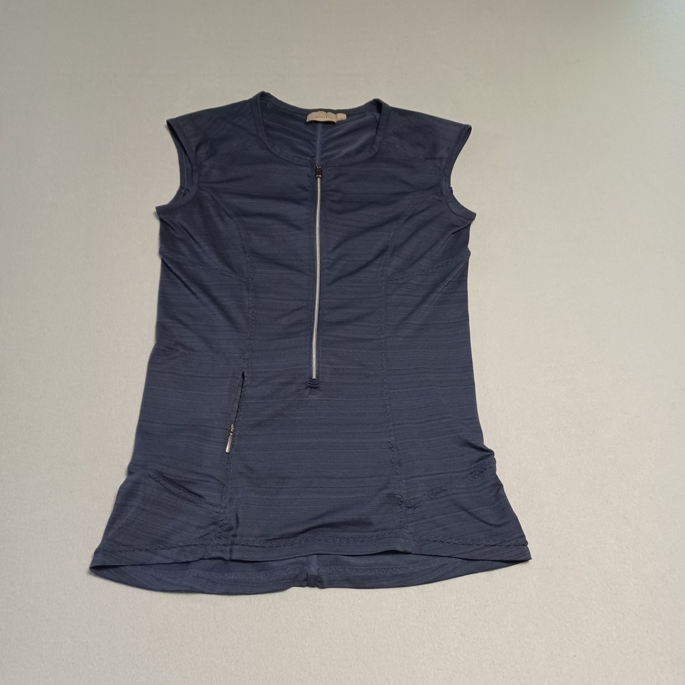 Athleta Chi Tank Top‎ Navy Blue Space Dye Half Zip Ruched Back Small 594045-01